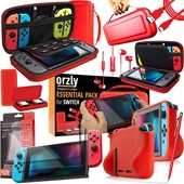 Orzly Switch Accessoires, Ultimate Pack pour Nintendo Switch [Pack Comprenant: Protecteurs d'écran en Verre Trempé, Housse (Étui Rigide pour Console), Comfort Grip Étui etc.] Rouge