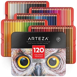 Crayons de couleur Arteza professionnels pour adultes et enfants, set de 120, boîte en fer blanc, corps incassable, pour colorier, dessiner et nuancer. 